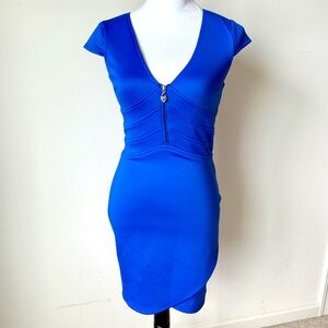 GUESS Royal Blue Zip-Front Body-con Cap Sleeve Mini Dress—SZ. 0